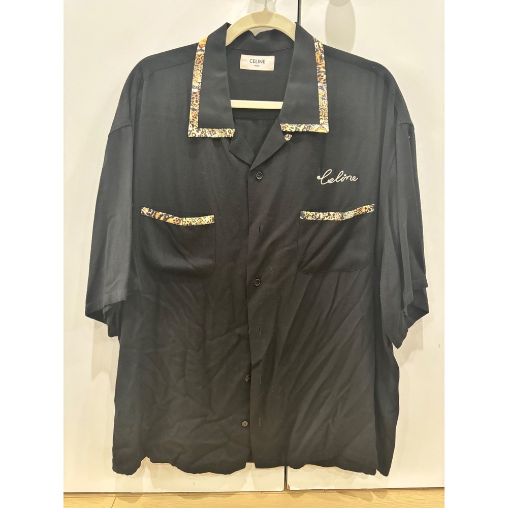 Celine Paris Leopard Trim Bowling Shirt Black Short Sleeve Logo Embroidered 40